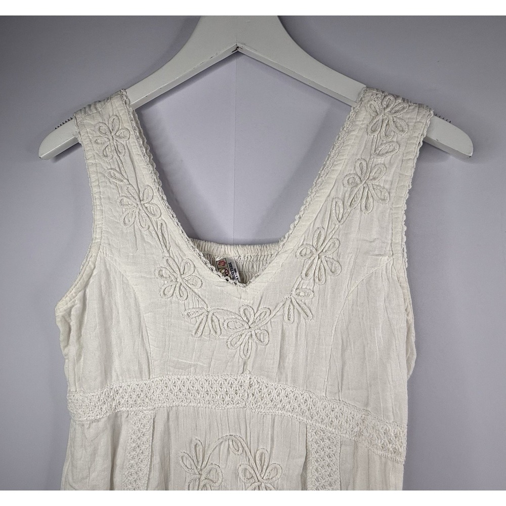 India Boutique Dress Womens S M L White‎ Embroidered Boho Midi Fairy Ethereal